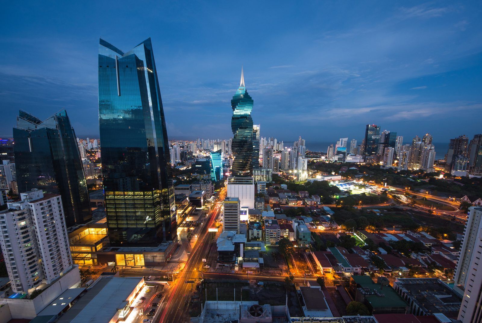 Panama City Banking District skyline at night